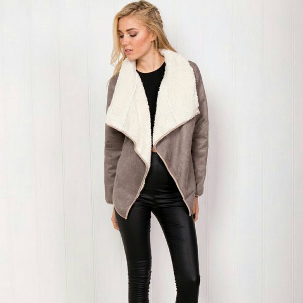 Taupe Suede Shearling Faux Fur Coat
